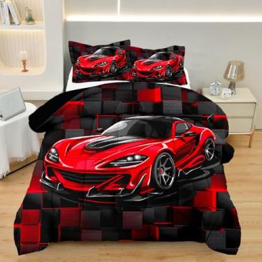 Imagem de ASKOTU Jogo de cama completo de carro de corrida, carro esportivo vermelho, conjunto de cama completo para meninos, 3 peças