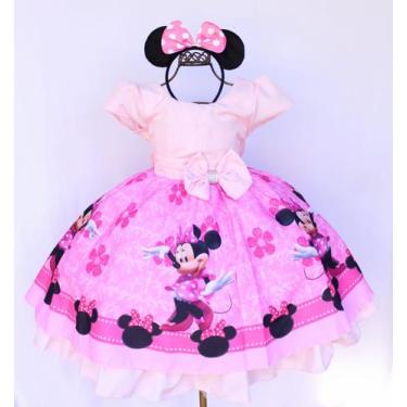 Imagem de Vestido Infantil Para Festa Tema Minnie Rosa Luxo E Tiara - festa luxo