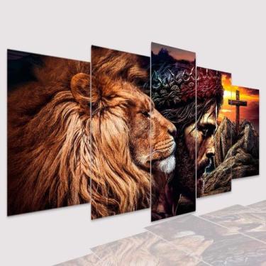 Imagem de Quadro Decorativo mosaico Leão Judá, Cristo e Cruz Pôr do Sol - Dropx4