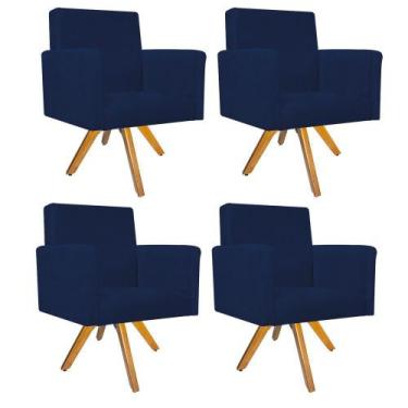 Imagem de Kit 04 Poltronas Arenzza Base Giratória de Madeira Suede Azul Marinho 