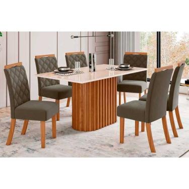 Imagem de Conjunto: Mesa Sala Jantar Solana c/ Tampo Madeirado c/ Vidro Reto 160x90cm e 6 Cadeiras Bella Nature/Suede Light Marrom Amendoa - Henn