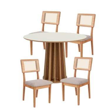Imagem de Conjunto Mesa de Jantar Redonda Base Ripado com 4 Cadeiras Estofada Encosto Tela Bege Dalla Costa
