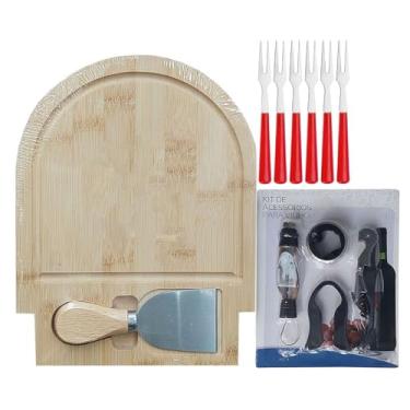 Imagem de Kit Queijos e Vinhos 13 Produtos: Tábua de Frios + Espátula + 6 Garfinhos + 5 Acessórios para Vinho