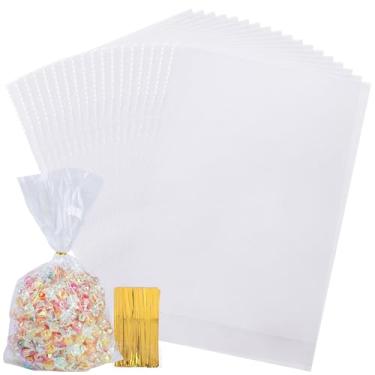 Imagem de VGOODALL 100 peças de sacos de celofane, presente transparente 20 x 28 cm de plástico OPP com laços para lembrancinhas de festa, brindes, embrulho de presente, biscoito de embalagem, doces, chocolate