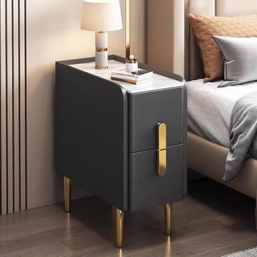Imagem de Mesa de cabeceira fina para espaços pequenos, mesa lateral estreita, moderna e minimalista, com pernas de metal com acabamento em couro sintético, armário de armazenamento de gaveta dupla para quartos