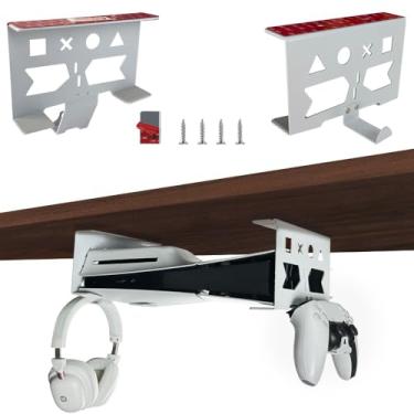 Imagem de Chanvoo Suporte sob a mesa de alumínio para PS5/PS5 Slim/PS5 Pro digital e disco, suporte sob a mesa com controle removível e kit de suporte de fone de ouvido sem broca (branco)