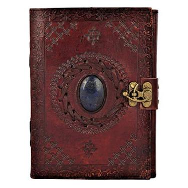 Imagem de Tuzech Caderno de escrita grande de couro - diário vintage feito à mão para mulheres e homens com cadeado e pedra semipreciosa presente para arte, diário de viagem para escrever 18 x 12 cm (marrom)