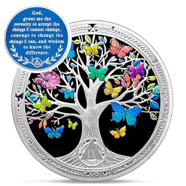 Imagem de Moeda vintage de sobriedade de 9 anos - Árvore da Vida de Recuperação Moedas AA - Chips e Medalhões AA Borboleta Colorida - 1-10 Prime NA HA AA Living Clean Narcóticos Alcoólicos Anônimos Presentes