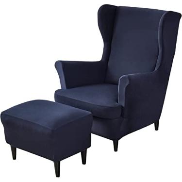 Imagem de Conjunto de capas de cadeira com asa elástica, 2 capas para cadeira com encosto traseiro e 1 capa otomana, capa removível para cadeira com encosto retangular para sala de estar e quarto (azul marinho)