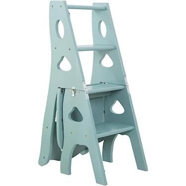Imagem de Banco de escada de 4 degraus, escada dobrável de madeira, cadeiras multifuncionais, escadas, degraus, biblioteca, estante, prateleiras, suporte de plano, cadeiras de jantar, verde-claro