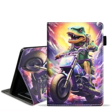 Imagem de stmedazm Capa para tablet Amazon Fire Max 11 (11 polegadas, 13ª geração, versão 2023), capa com suporte de couro PU premium com despertar/hibernar automaticamente - dinossauro andando de motocicleta