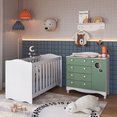 Imagem de Conjunto Quarto de Bebê 1 Berço 1 Colchão 1 Cômoda Trocador 1 Prateleira Branco/Verde