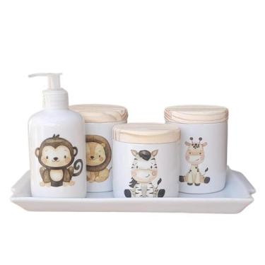 Imagem de Kit higiene bebê Safari 5 pçs c/ bandeja - Porcelana e Pinus - Genéric