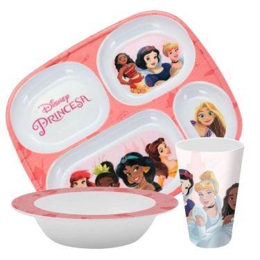 Imagem de Kit Refeição Infantil Princesas Disney 3 Peças Prato Divisória, Tigela e Copo Melamina - Tuut