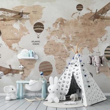 Imagem de Papel De Parede Infantil De Mapa Mundi Vintage Com Aviões - AloPapers,