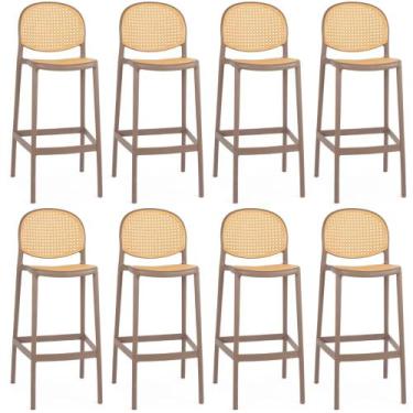 Imagem de Kit 8 Banqueta Alta com Encosto Roma em Polipropileno - Marrom Claro -