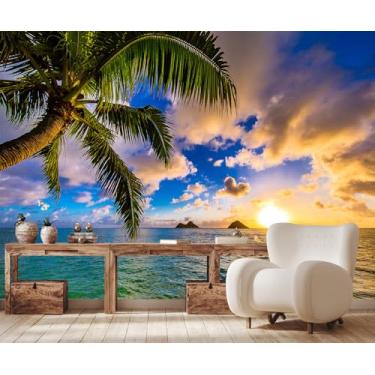 Imagem de Toolhom Papel de parede pôr do sol paisagem marítima palmeira praia mural de parede para sala de estar quarto sala de jantar porão (não autoadesivo)