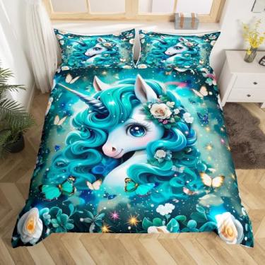 Imagem de Feelyou Jogo de cama bonito sereia casal azul-petróleo verde unicórnio capa de edredom para crianças, adultos, meninos, meninas, flor, conjunto de colcha, 3 peças, zíper