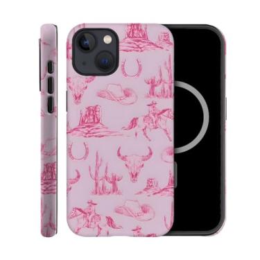 Imagem de TnXee Capa compatível com iPhone 15 Plus, compatível com MagSafe, capas para meninas e meninos, capa de celular híbrida de 2 camadas de proteção contra quedas, chapéu rosa cavalo cowboy ocidental