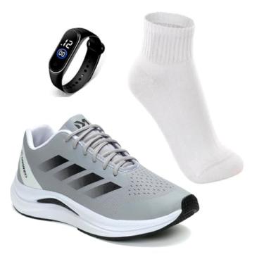 Imagem de Kit Combo Tênis Masculino Academia Esportivo Caminhada Corrida Leve Confortavel com Meia e Relógio (Cinza, BR, Adulto, Numérico, 39)