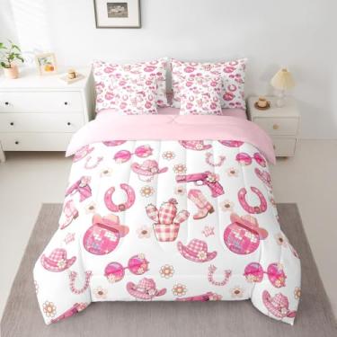 Imagem de Manfei Jogo de cama queen com estampa geométrica rosa e quente, 7 peças de Western Rock, com edredom, lençol de cima, lençol com elástico, fronhas, fronhas