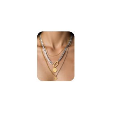 Imagem de XXKOTWA Conjunto de 3 colares de ouro e prata em camadas para mulheres, corrente de ouro feminina, 18K, delicada, corrente de mau-olhado, moda, elos cubanos, gargantilha grossa, com cadeado, longo,