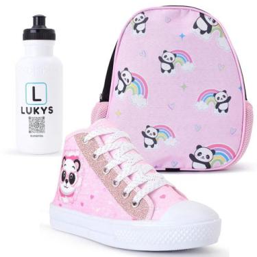 Imagem de Kit Tênis Infantil Feminino Panda + Mochila Garrafinha - LUKYS CALÇADO