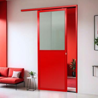 Imagem de Porta de Correr Suspensa 210cm X 70cm Meia Lambril Meia Vidro Dir L.25 Brimak Vermelho