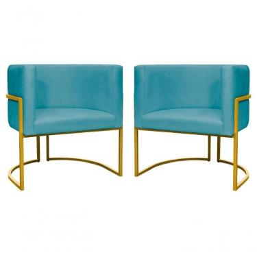 Imagem de Kit 2 Poltronas Decorativa Luxo Base De Metal Dourada Escritório Recepção Sala Suede Verde Agua Eli Móveis E Decoração
