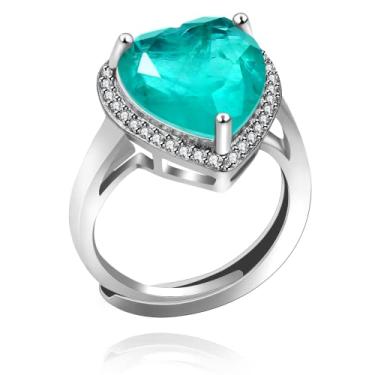 Imagem de Uloveido Anel de turmalina paraíba simulado delicado tamanho ajustável halo solitário anéis de casamento banhado a platina, Cristal, Zircônia cúbica