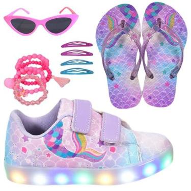 Imagem de Tênis Infantil Led Feminino Sereia Cano Baixo Casual +Chinelo+Tictac+P