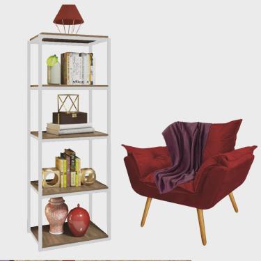 Imagem de Kit Poltrona Fatte com Manta Soft Bordô e Estante Livreiro Ferro Branco mdf Rústico Sue...