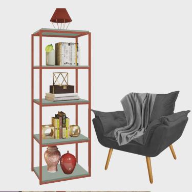 Imagem de Kit Poltrona Fatte com Manta Soft Cinza e Estante Livreiro Ferro Bronze mdf Verde Oliva Suede Cinza - Ahz Móveis