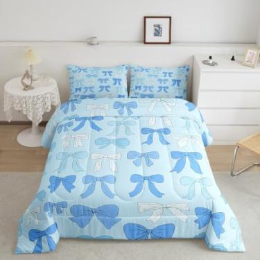 Imagem de jejeloiu Conjunto de cama feminino com laço azul e laço fofo para crianças, conjunto de edredom com estampa de laço, conjunto de edredom tamanho casal para decoração de quarto, fofo, respirável,