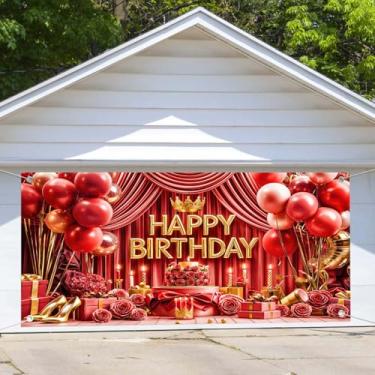 Imagem de Capa para porta de garagem de aniversário vermelha prata banner balões coroa bolo feliz aniversário decoração de festa mulheres meninas celebrações aniversário interior exterior parede porta