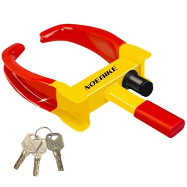 Imagem de NOEAIKE Trava de reboque universal ajustável para pneu de carro fechaduras de roda anti-roubo para carros, trailers, motocicletas, SUV, carrinho de golfe, quadriciclo com 3 chaves (vermelho-amarelo)