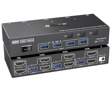 Imagem de YXX7XY Interruptor KVM de monitor duplo USB 3.0 HDMI 2 monitores 3 computadores 4K @ 60Hz 2K @ 144Hz EDID Emulador monitor duplo com 4 portas USB 3.0 fios (com plugue EUA)