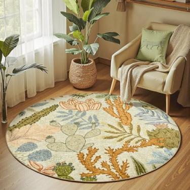 Imagem de jinchan Tapete redondo com estampa botânica verde de 1,2 m, lavável, círculo, moderno, tropical, deserto, cacto, macio, antiderrapante, para entrada, sala de estar, quarto, sala de jogos, sala de
