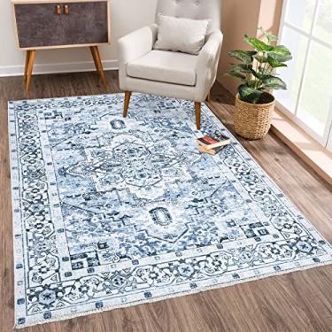 Imagem de Bloom Rugs Tapete lavável antiderrapante 2x3 - Tapete de área oriental tradicional azul para sala de estar, quarto, sala de jantar e cozinha - Tamanho exato: 5 x 7 cm
