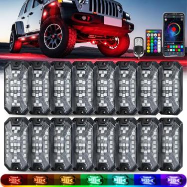Imagem de Kits de luzes LED RGB com 5 lados, ângulo total, 16 unidades, alto brilho, 27 contas, RGB 5050 IP68, à prova d'água, luzes de rocha externas multicoloridas para caminhões de 12 V, Jeep Offroad, Pickup
