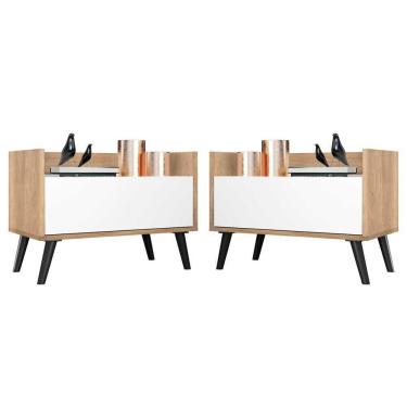 Imagem de Kit Com 2 Mesas De Cabeceira 80Cm Retrô Multimóveis V4002 Rustic/Branca/Preta Rustic/Branco/Preto