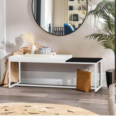 Imagem de Banco Recamier Puff 140cm Industrial Branco Corino Branco Tampo Quadrado Mdf Preto