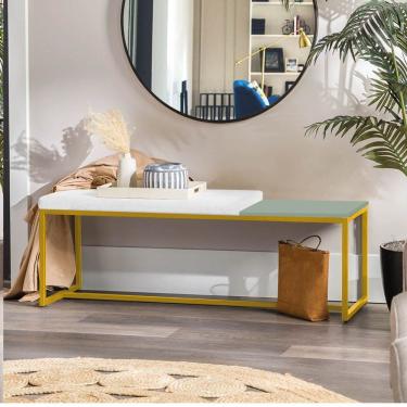 Imagem de Banco Recamier Puff 195cm Industrial Dourado Suede Branco Tampo Quadrado Mdf Verde