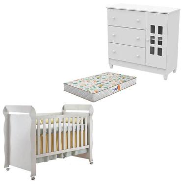 Imagem de Kit Berço Americano e Cômoda Infantil Mirelle Mariah 1 Porta 3 Gavetas MDF 154 cm Branco Carolina Baby