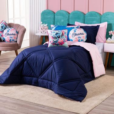 Imagem de Kit Edredom Stich Azul Marinho/rosa Com Almofadas Queen 07 Peças - Dupla Face Percal 300 Fios 100% Algodão Original