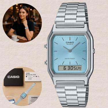 Imagem de Relógio Casio Anadigi Vintage Prata AQ-230A Hora Dual Digital Analógico Alarme Cronômetro Resistência à Água Pulseira Inox