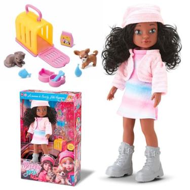 Imagem de Boneca Negra Pet Lover 32cm Com Acessórios Casinha Transporte Cachorro