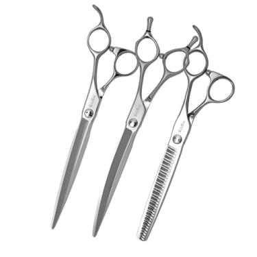 Imagem de SnipStar Pet tesouras conjunto 7,5 polegadas retas, 7,5 polegadas curvas e 7 polegadas Chunker tesouras 34 dentes para o cuidado do cão ATS-314 aço, taxa de diluição 60%