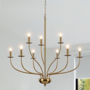 Imagem de ZemSum Lustre Dourado De 2 Níveis, 9 Latão, Para Sala Jantar, Lustres Grandes 30" Com Teto Alto, Vela Industrial, Estilo Fazenda, Estar, Cozinha E Quarto