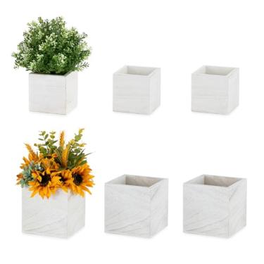 Imagem de NUPTIO Caixa de madeira para casamento de mesa central: 6 peças caixa quadrada rústica decoração de mesa de fazenda - 10 × 12 cm e 12 × 12 cm pequenos vasos de madeira caiados de branco vasos de